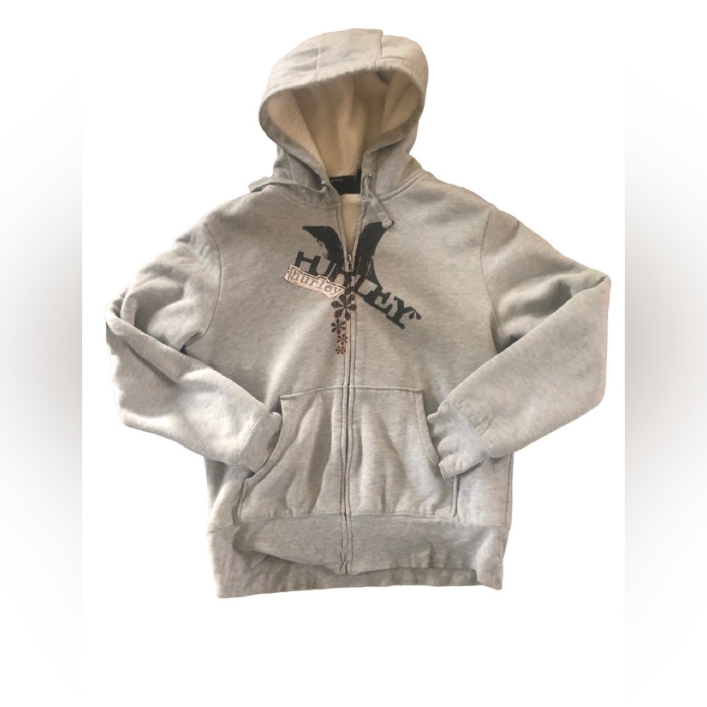 Hurley Full Zip Hoodie Sweatshirt Sz. M Gray Sherpa Lined Pockets Casual
